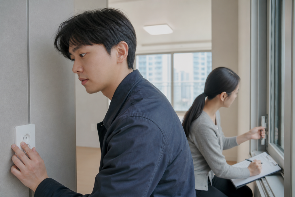 새 아파트에서 콘센트와 창문을 확인하며 점검표를 작성하는 모습