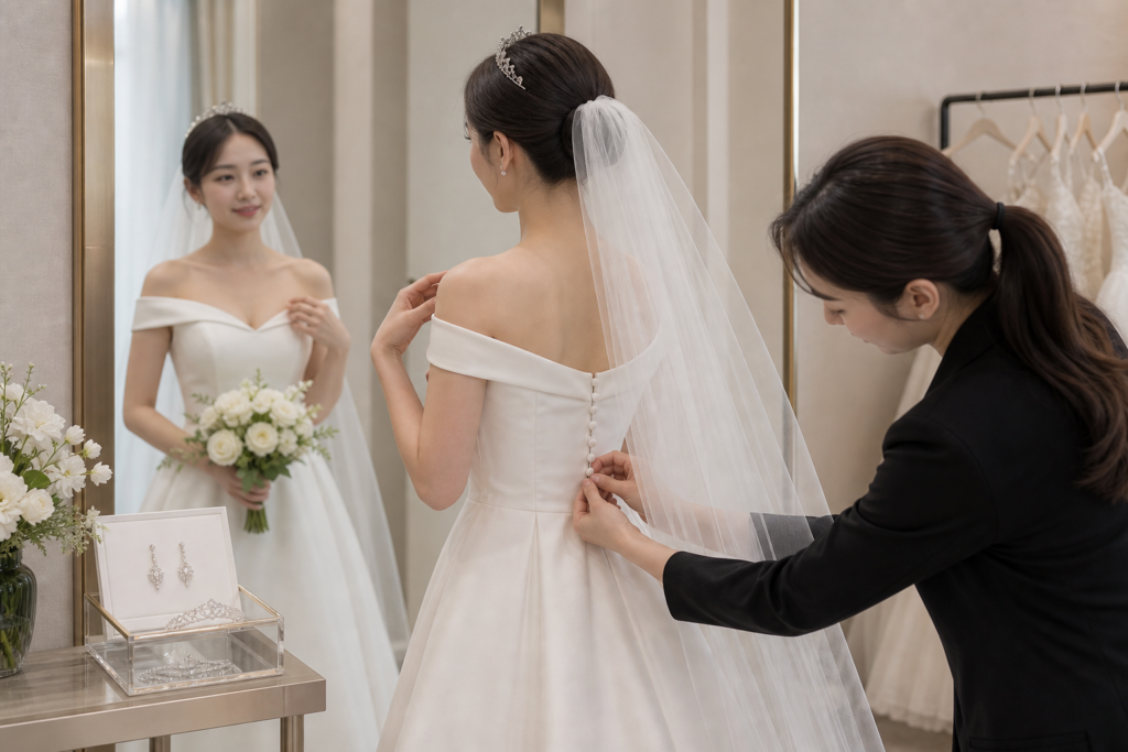 신부의 친구가 웨딩드레스 자락을 정리하며 이동을 돕는 모습