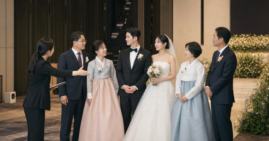 본식 가족사진 순서 정리법: 양가 호출·대기실·친구 사진 체크
