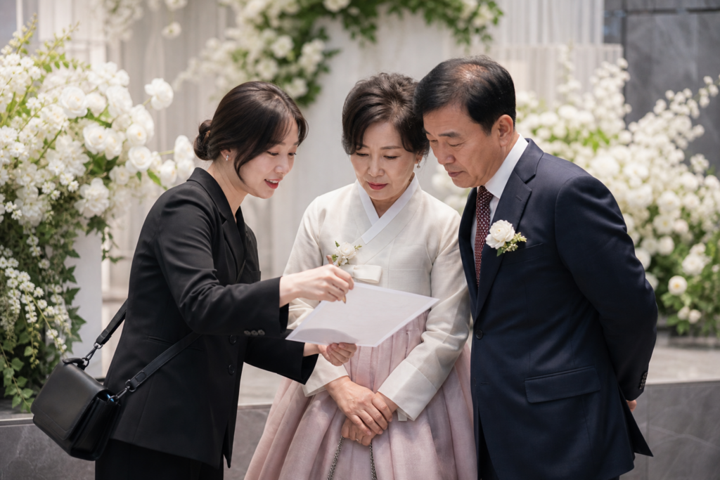 웨딩 코디네이터와 부모님이 가족사진 명단을 확인하는 모습