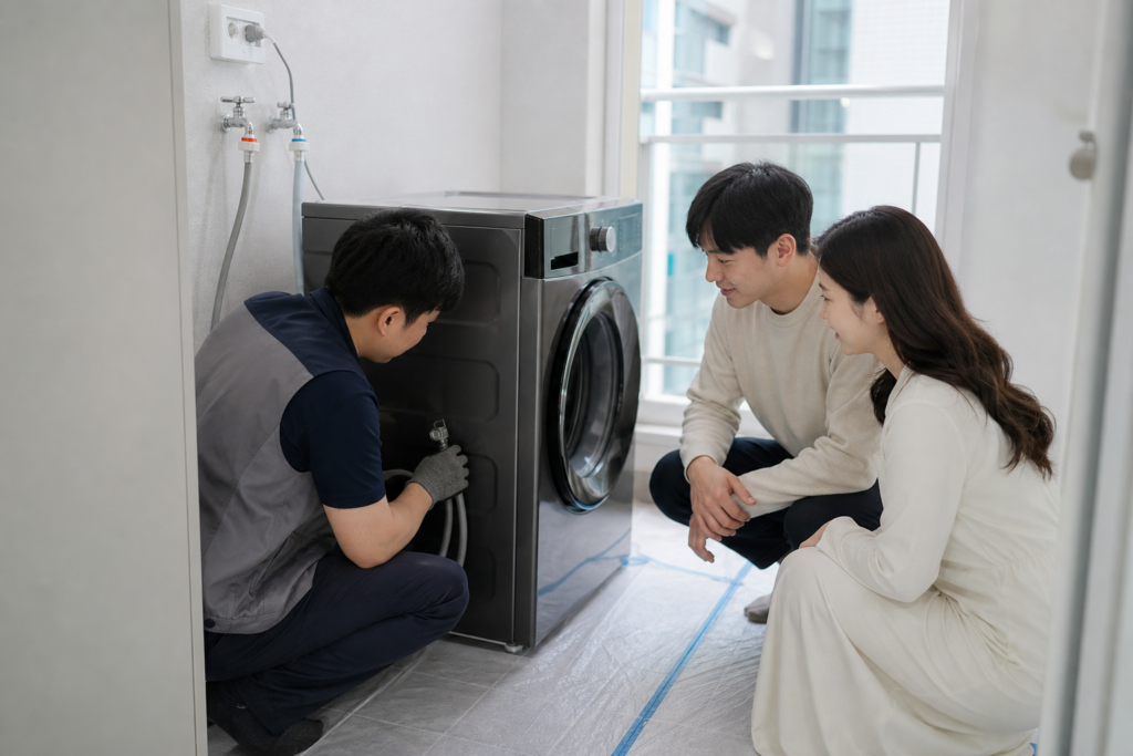 기사와 신혼부부가 세탁기 설치 상태를 확인하는 모습