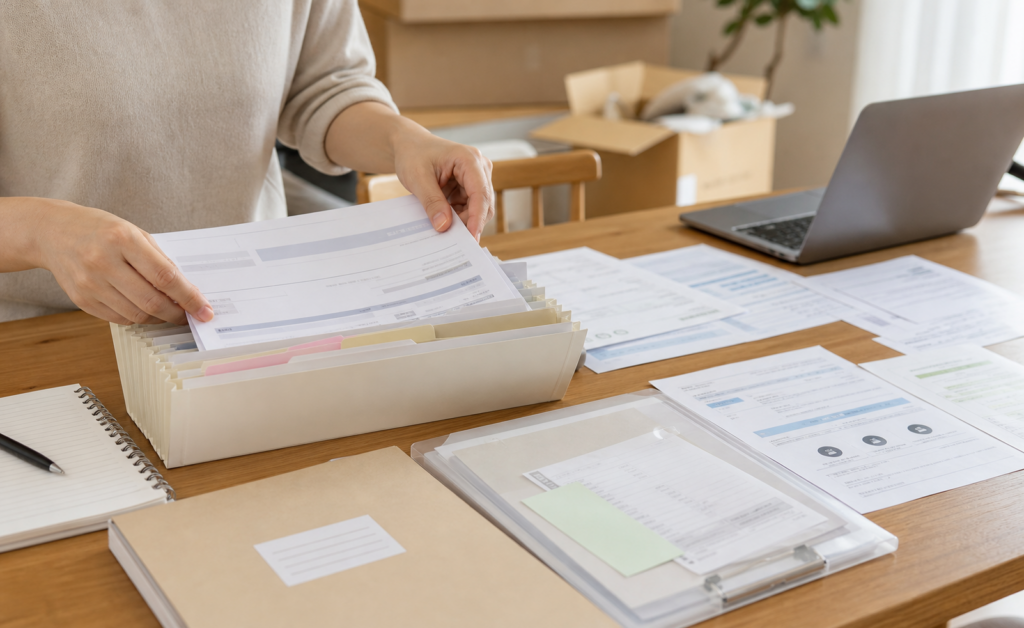 전기 가스 수도 인터넷 서류를 정리하는 신혼집 테이블
