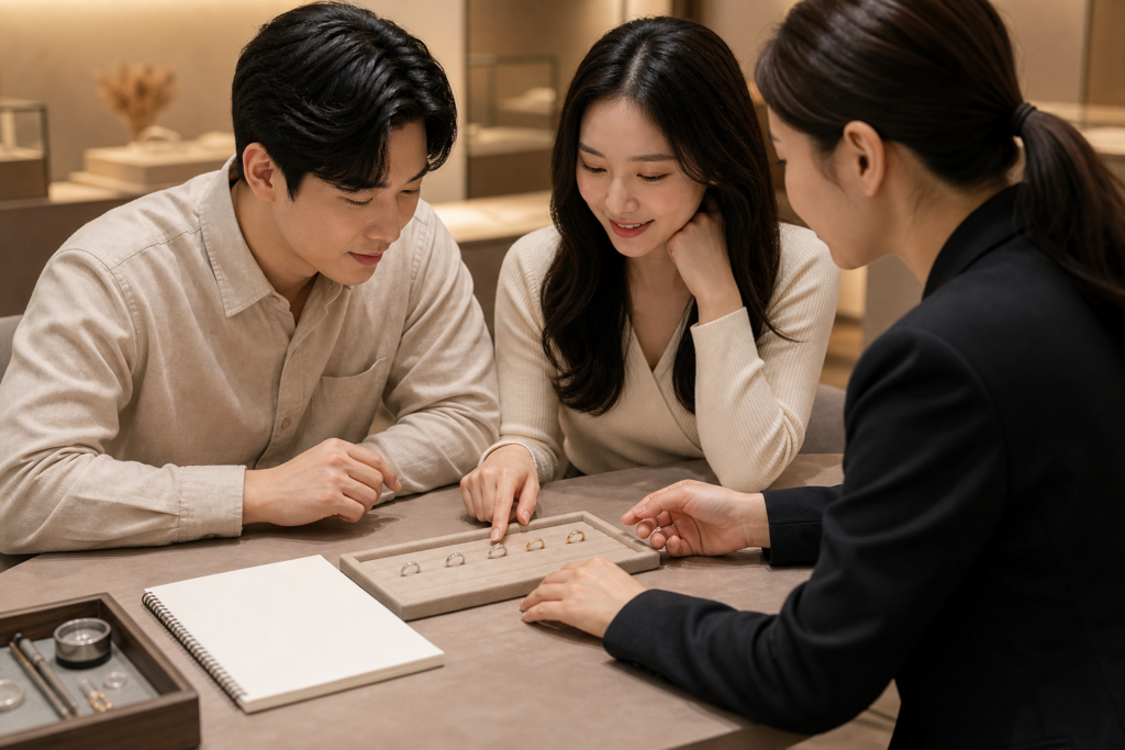예비부부가 주얼리 샵에서 반지 샘플과 디자인을 비교하는 모습
