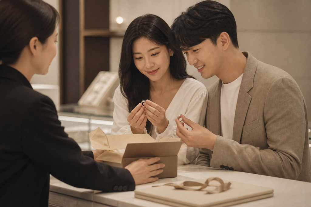 예비부부가 완성된 결혼반지를 수령하며 확인하는 모습
