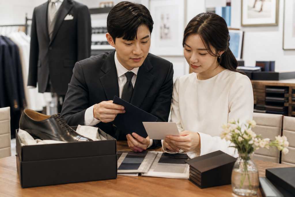예비부부가 수트 원단과 구두를 놓고 본식 조합을 확인하는 모습