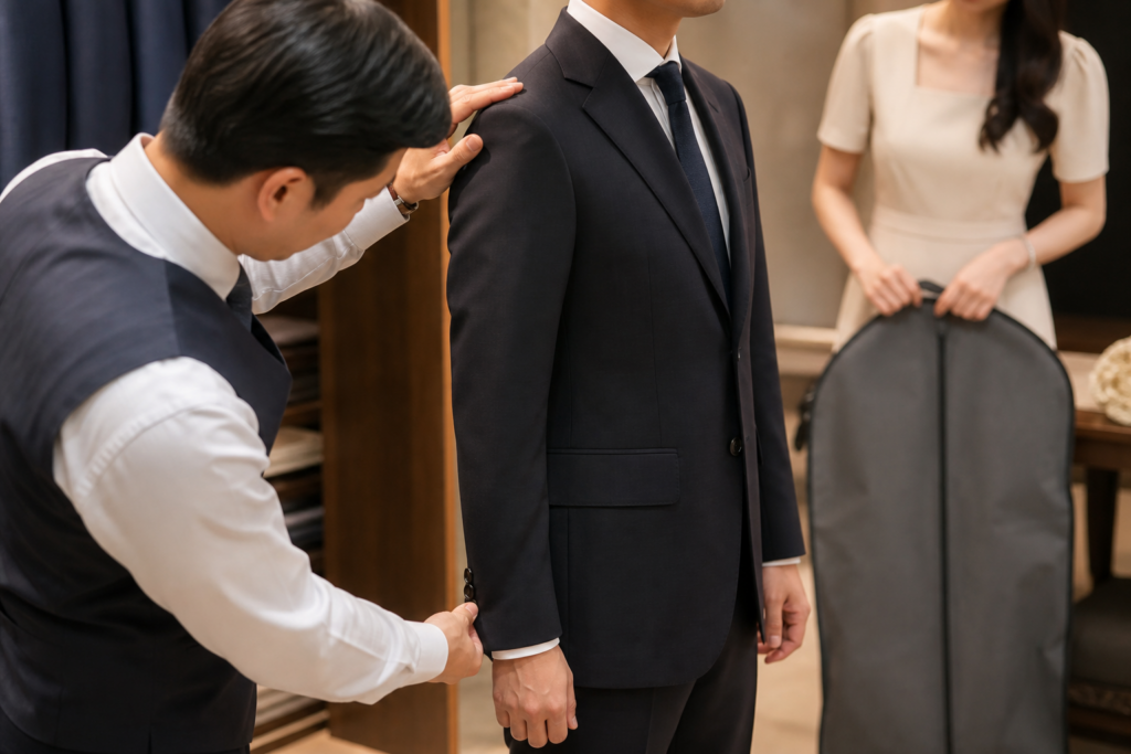 재단사가 신랑의 재킷 어깨와 소매 길이를 확인하는 모습
