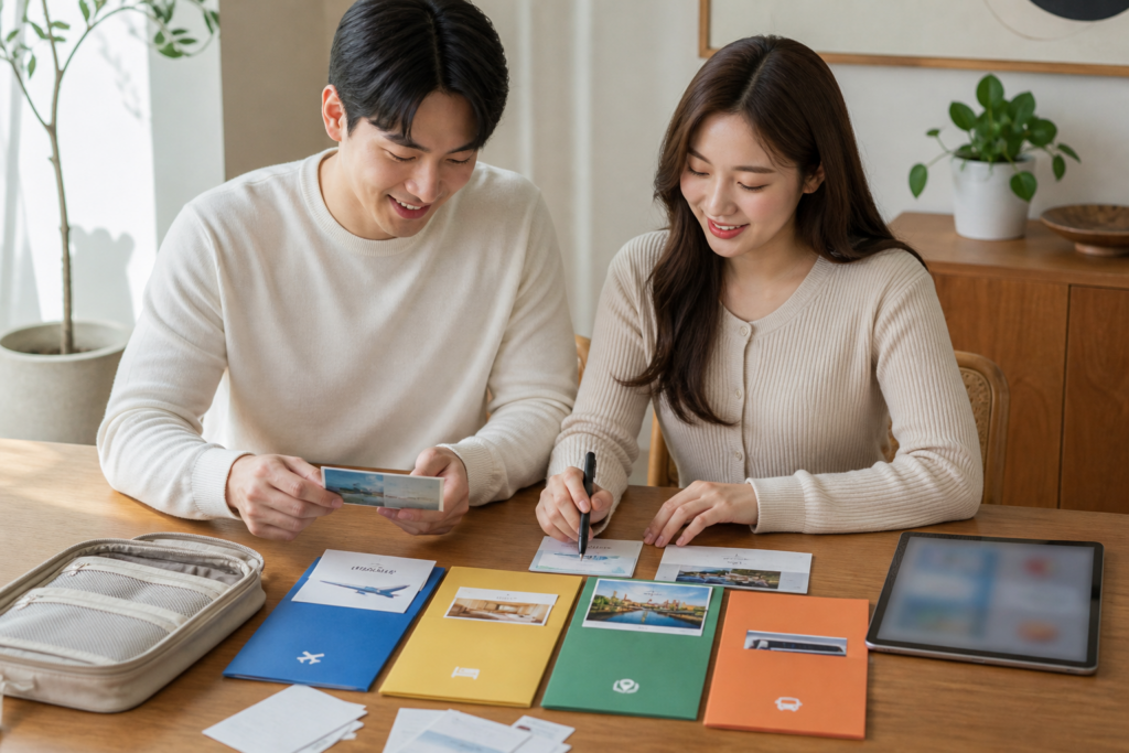 예비부부가 여행 예약 확인서를 종류별로 정리하는 모습