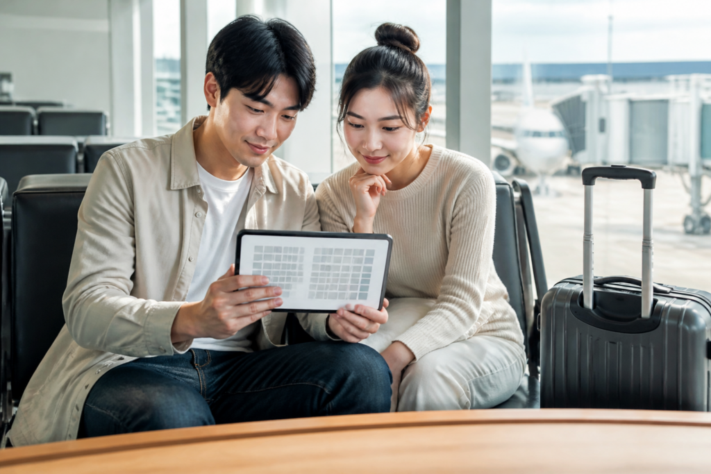 예비부부가 항공편 좌석 배치를 보며 동반 좌석을 확인하는 모습