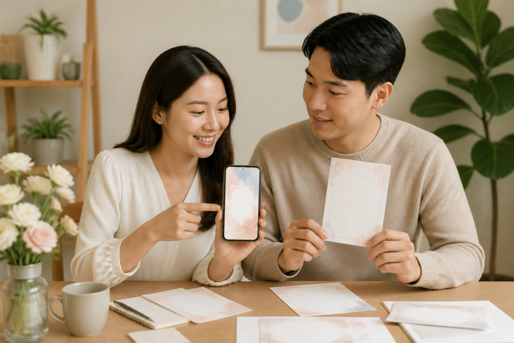 예비부부가 휴대폰과 종이 청첩장을 함께 준비하는 모습