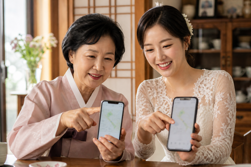 어르신과 예비신부가 서로 다른 휴대폰에서 안내를 확인하는 모습