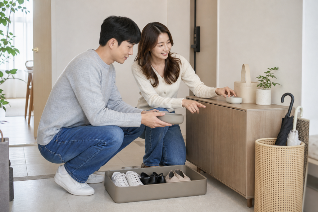 예비부부가 신혼집 현관의 신발과 일상 물건 수납 위치를 정하는 모습