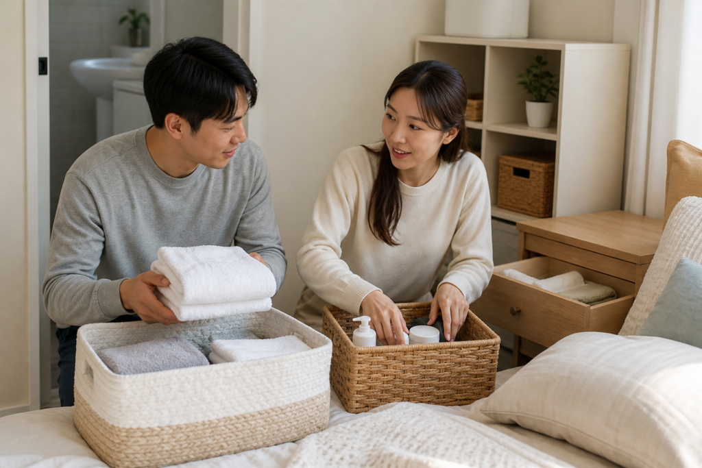 예비부부가 신혼집 첫날에 필요한 수건과 일상 물건을 바구니에 정리하는 모습