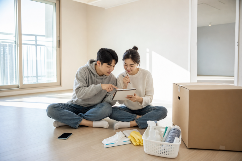 예비부부가 비어 있는 신혼집에서 이사와 청소 일정을 함께 확인하는 모습