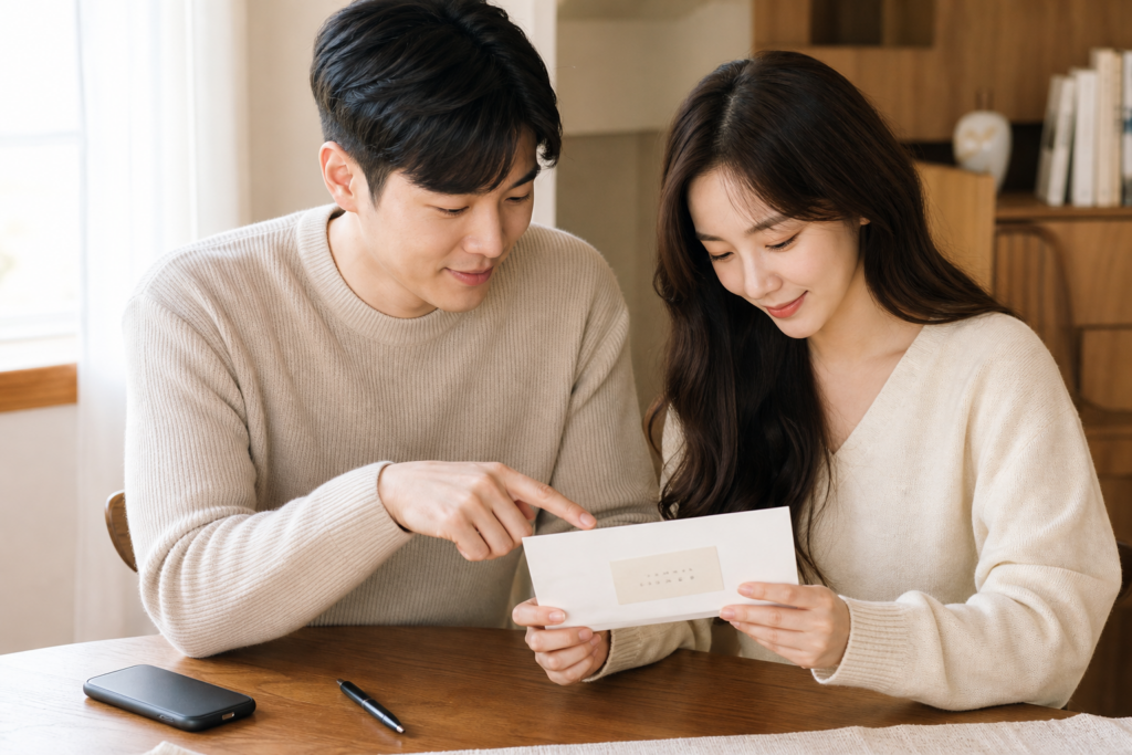 예비부부가 청첩장 봉투의 수신인과 주소 순서를 함께 확인하는 모습