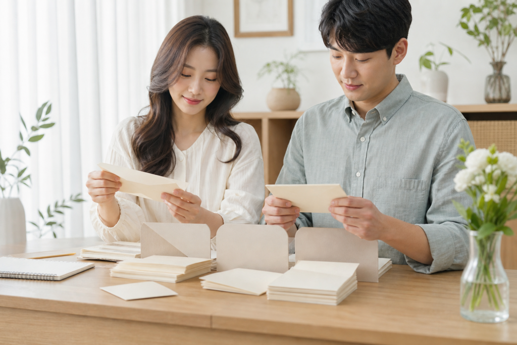 예비부부가 청첩장 봉투를 전달 방식과 수신인별로 정리하는 모습