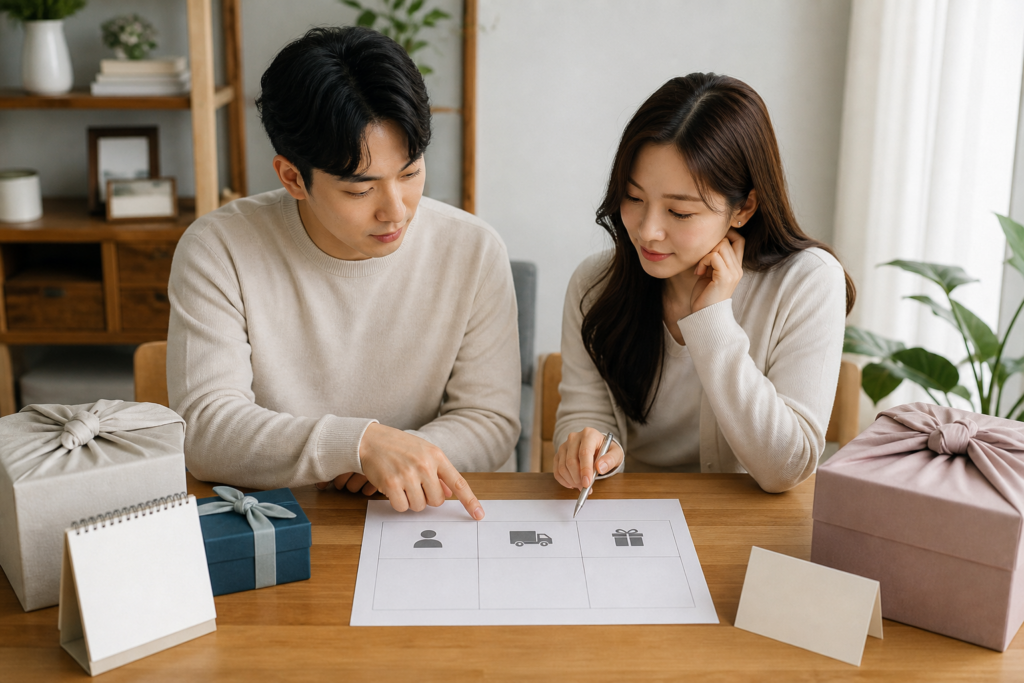 예비부부가 선물 후보와 전달 조건을 비교해 정리하는 모습