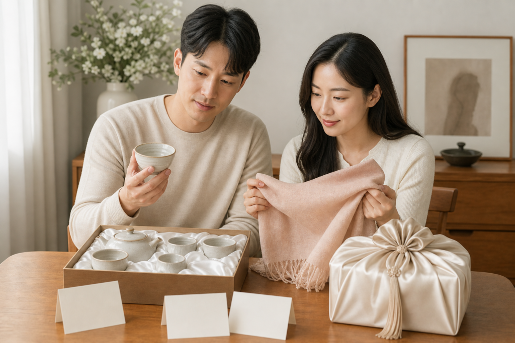 예비부부가 차 세트와 부드러운 선물 후보를 보며 취향을 비교하는 모습