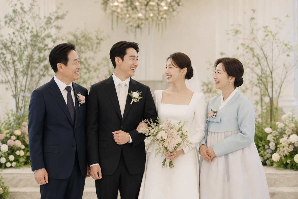 신랑신부와 양가 부모님이 부케와 코사지를 착용하고 사진을 준비하는 모습