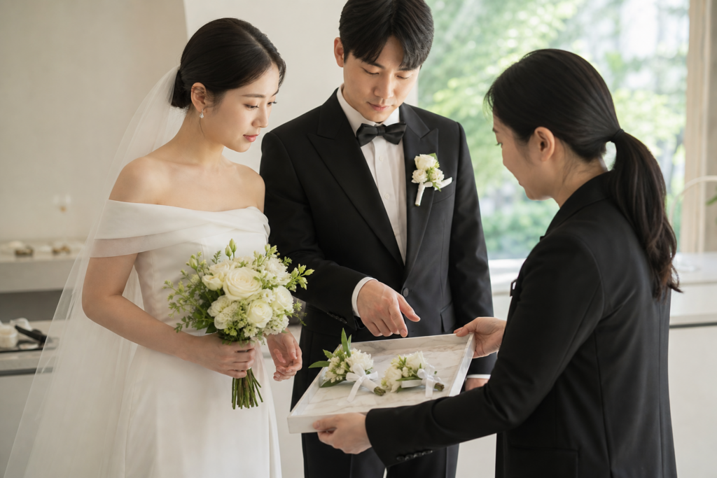 신랑신부와 코디네이터가 부케와 부토니에·코사지를 함께 확인하는 모습