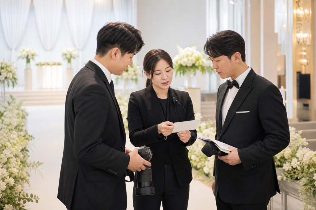 웨딩 코디네이터가 사진가와 사회자에게 전달사항을 확인하는 모습