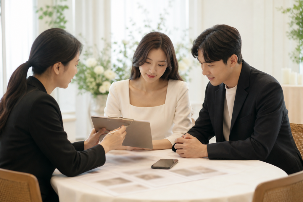 예비부부와 웨딩 코디네이터가 연락표를 함께 정리하는 모습