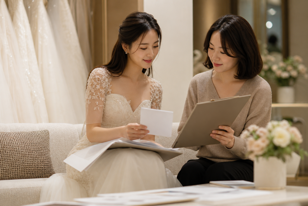 예비신부와 동행자가 드레스 피팅 뒤 비교 메모를 정리하는 모습