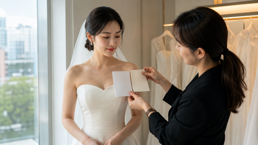 신부와 스타일리스트가 창가와 피팅룸 조명 아래에서 화이트와 아이보리 원단을 비교하는 모습