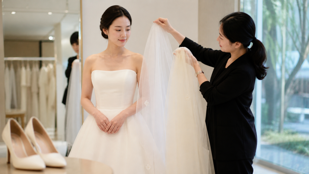 스타일리스트가 아이보리 드레스에 화이트와 아이보리 베일을 나란히 대어 보는 모습