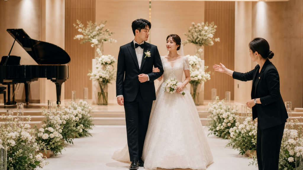 신랑신부가 예식장 홀에서 코디네이터의 신호에 맞춰 입장 동선을 리허설하는 모습
