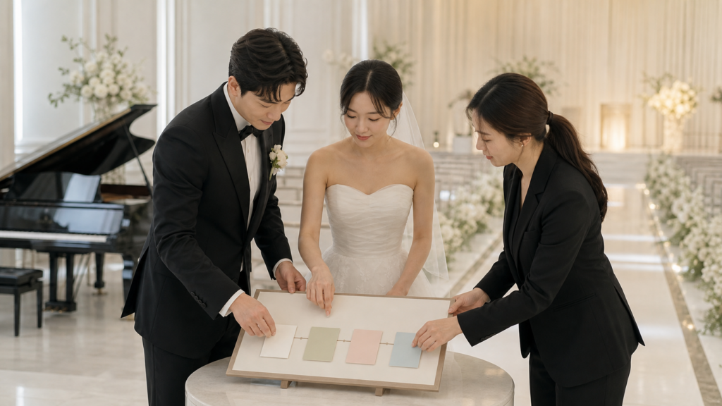 예비부부와 코디네이터가 예식 장면별 음악 분위기를 카드로 정리하는 모습