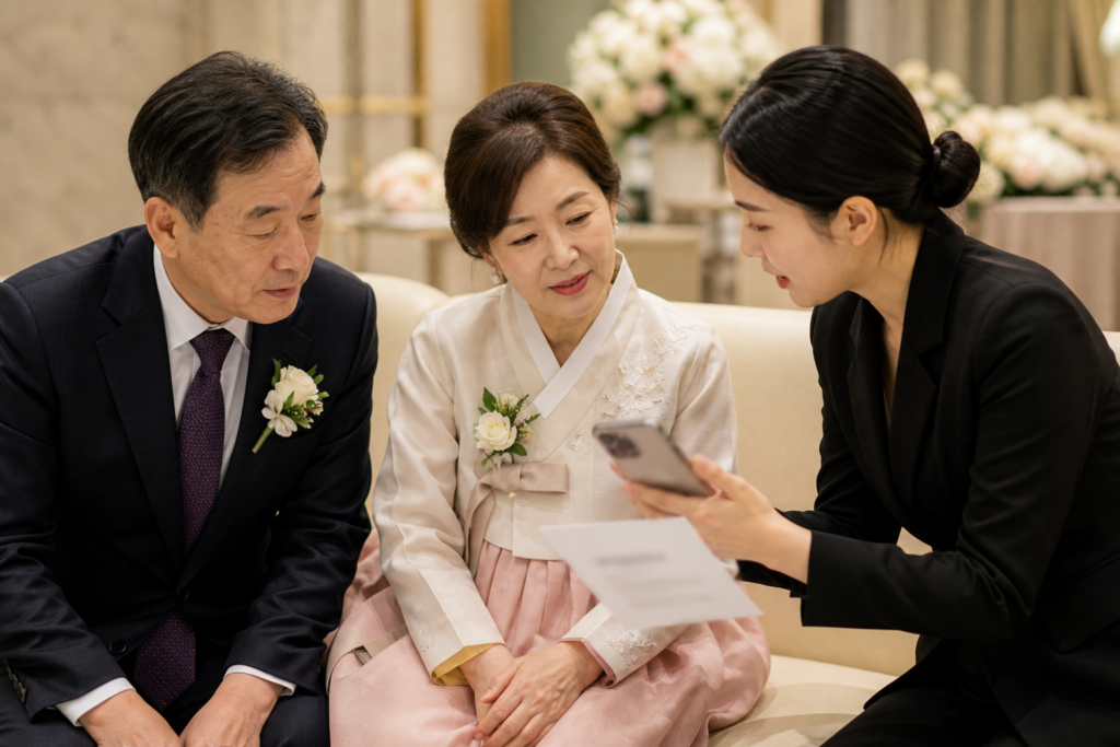 웨딩 코디네이터가 부모님에게 휴대폰 일정과 안내문을 보여 주는 모습