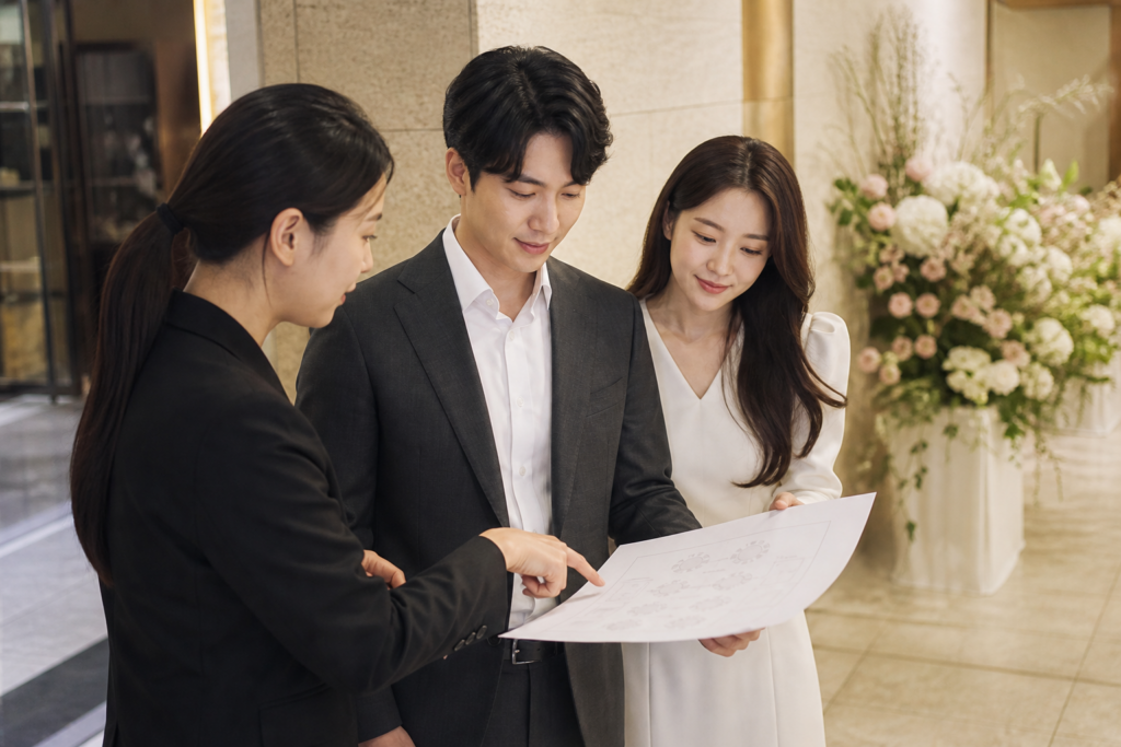 웨딩 코디네이터와 예비부부가 가족석 배치도를 함께 확인하는 모습