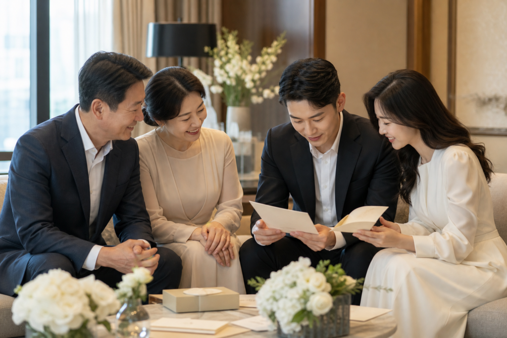 예비부부와 양가 부모님이 청첩장 카드를 보며 이야기하는 모습