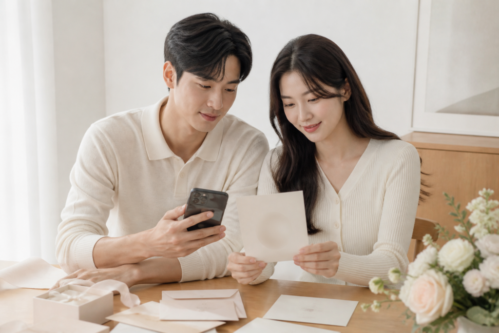 예비부부가 종이 청첩장과 휴대폰 화면을 함께 확인하는 모습