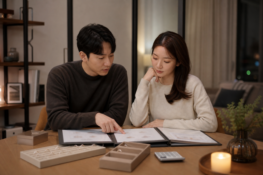 예비부부가 여러 주얼리 상담 기록을 비교하는 모습