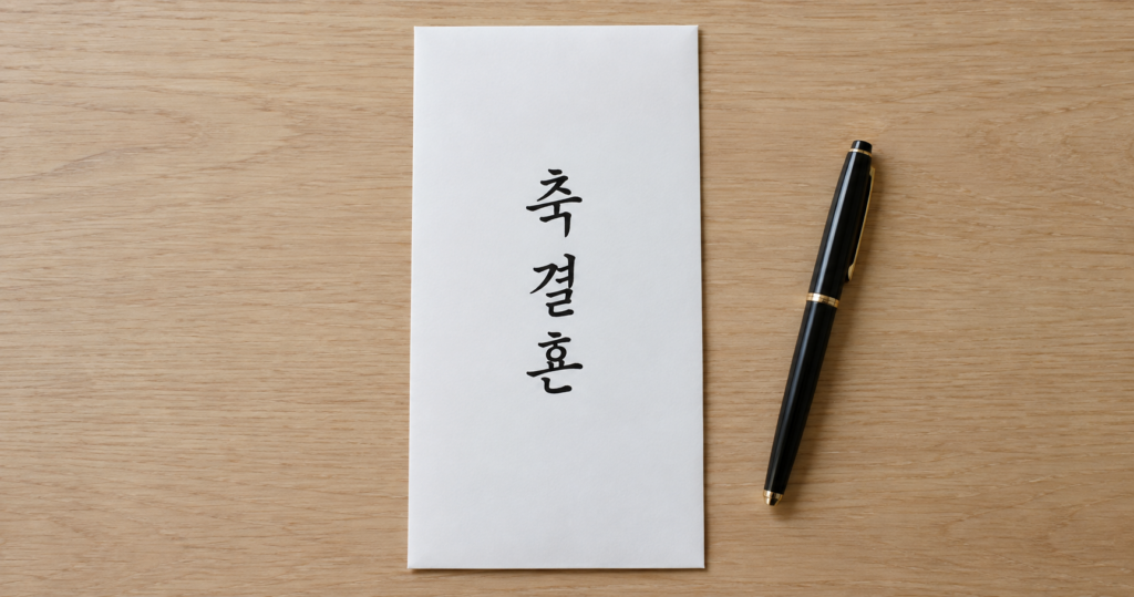 흰 봉투 앞면에 축 결혼 문구를 쓴 예시