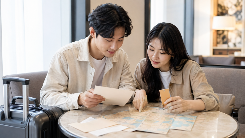 신혼부부가 여행 가방과 빈 일정 카드, 지도를 보며 연결 예약 영향을 정리하는 모습