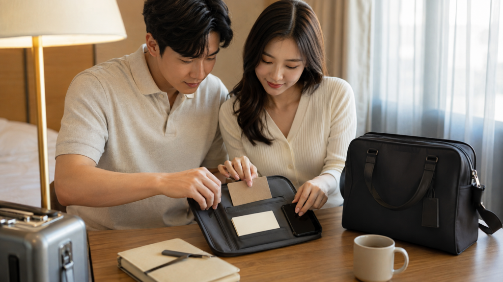 신혼부부가 빈 바우처와 연락 카드를 여행용 파우치에 안전하게 정리하는 모습