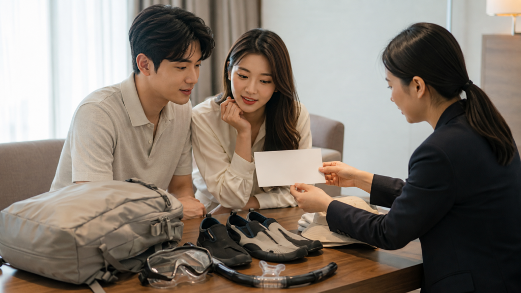 신혼부부와 여행 담당자가 빈 안내 카드와 준비물을 함께 확인하는 모습