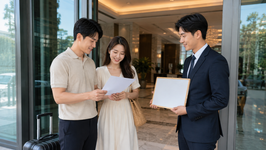 신혼부부가 호텔 입구에서 현지 투어 담당자와 빈 안내판을 보며 집결을 확인하는 모습