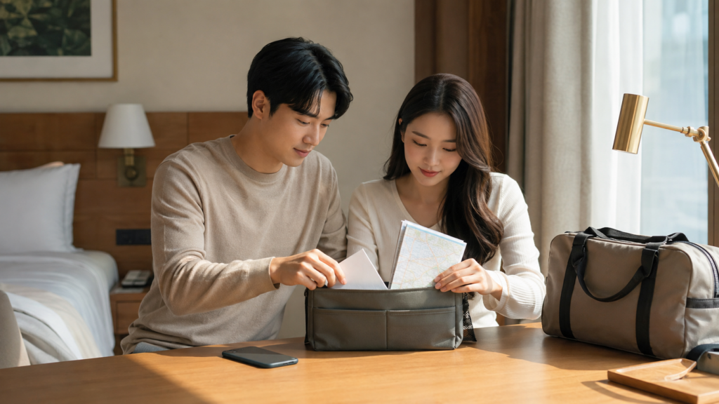 신혼부부가 빈 바우처와 지도를 여행용 파우치에 정리하는 모습