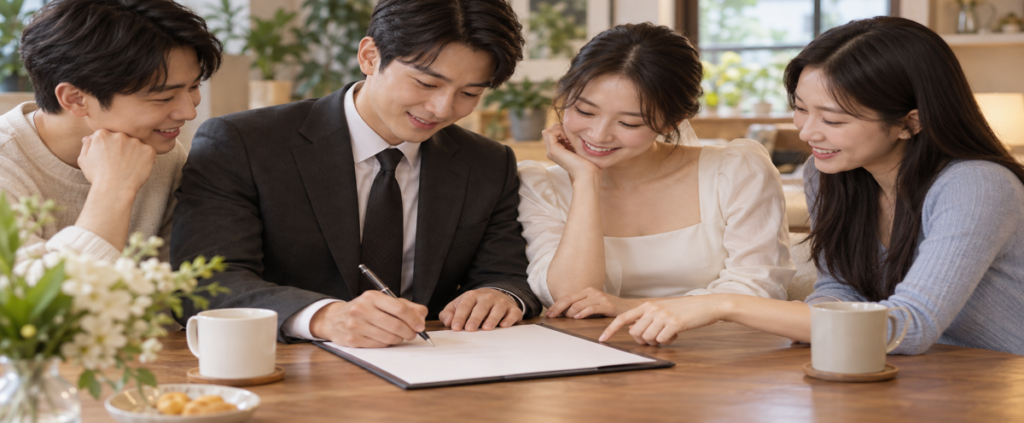 성인 증인과 예비부부가 함께 빈 서류를 확인하는 모습