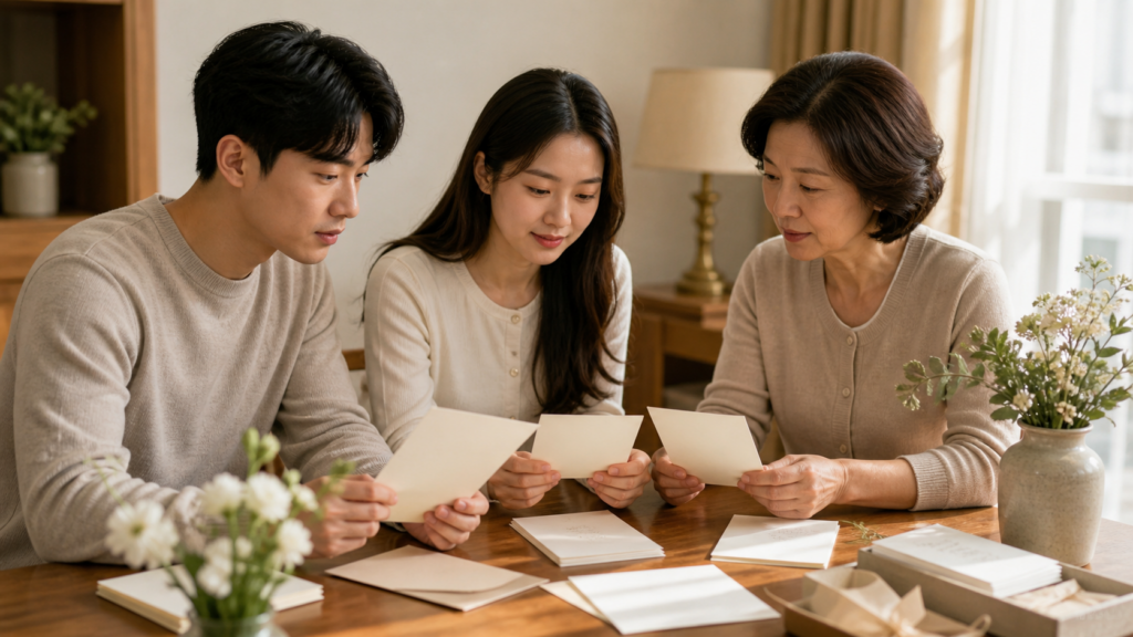 예비부부와 부모님이 종이 청첩장 전달 분량을 함께 확인하는 모습