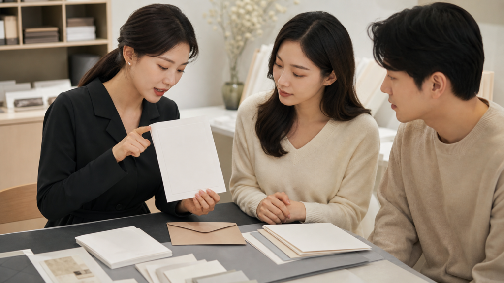 예비부부와 제작 담당자가 종이 청첩장 시안과 봉투를 확인하는 모습