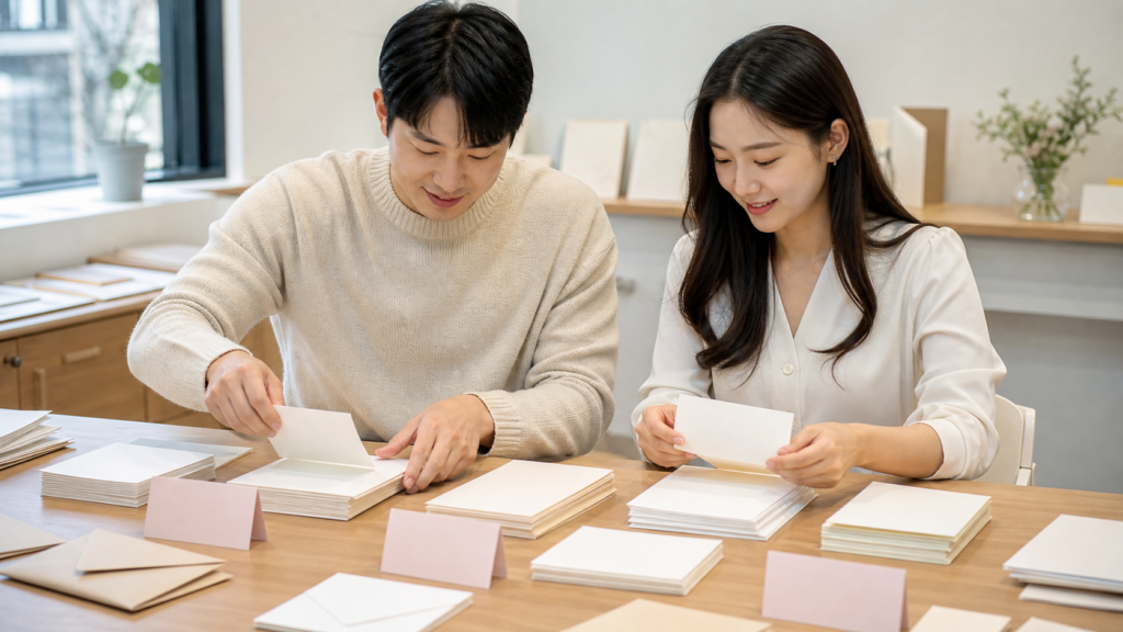 예비부부가 종이 청첩장을 전달 방식별로 나누어 보는 모습