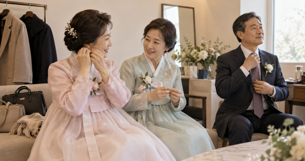 한복 차림의 어머니와 정장을 입은 아버지가 예식 전 옷매무새와 코사지를 정돈하는 모습