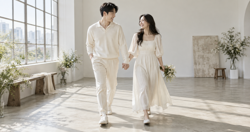예비부부가 밝은 실내에서 손을 잡고 편안하게 걷는 모습