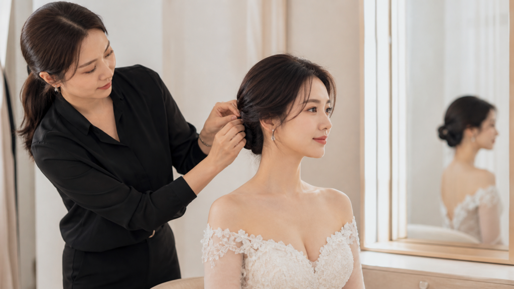 헤어 스타일리스트가 신부의 업스타일과 드레스 네크라인을 함께 살펴보는 모습