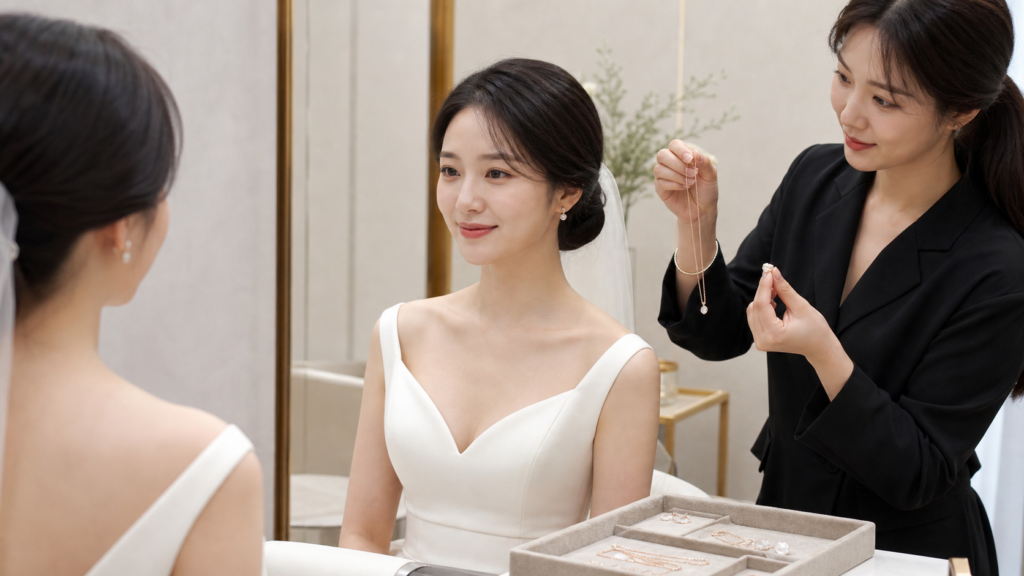 스타일리스트가 신부의 드레스 네크라인과 이어링·목걸이 조합을 비교하는 모습