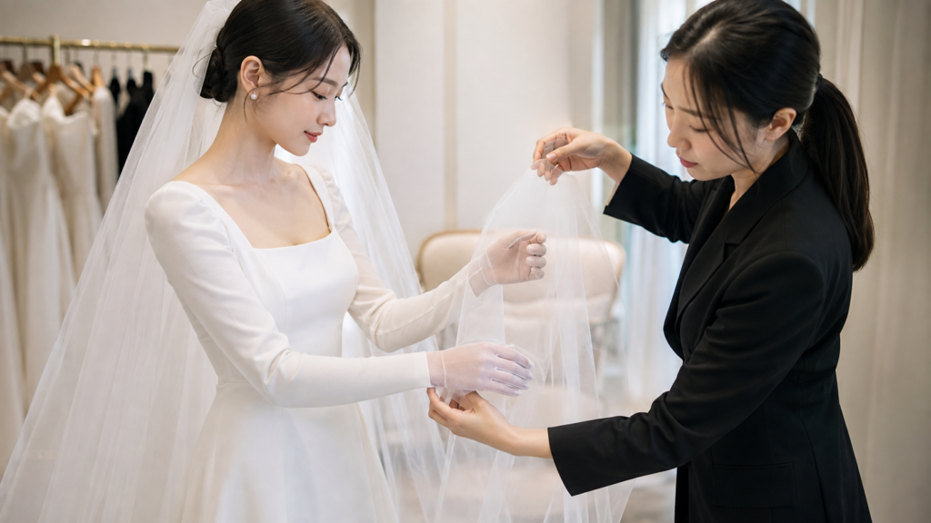 신부와 스타일리스트가 긴소매 드레스 위로 베일과 장갑의 질감·움직임을 확인하는 모습
